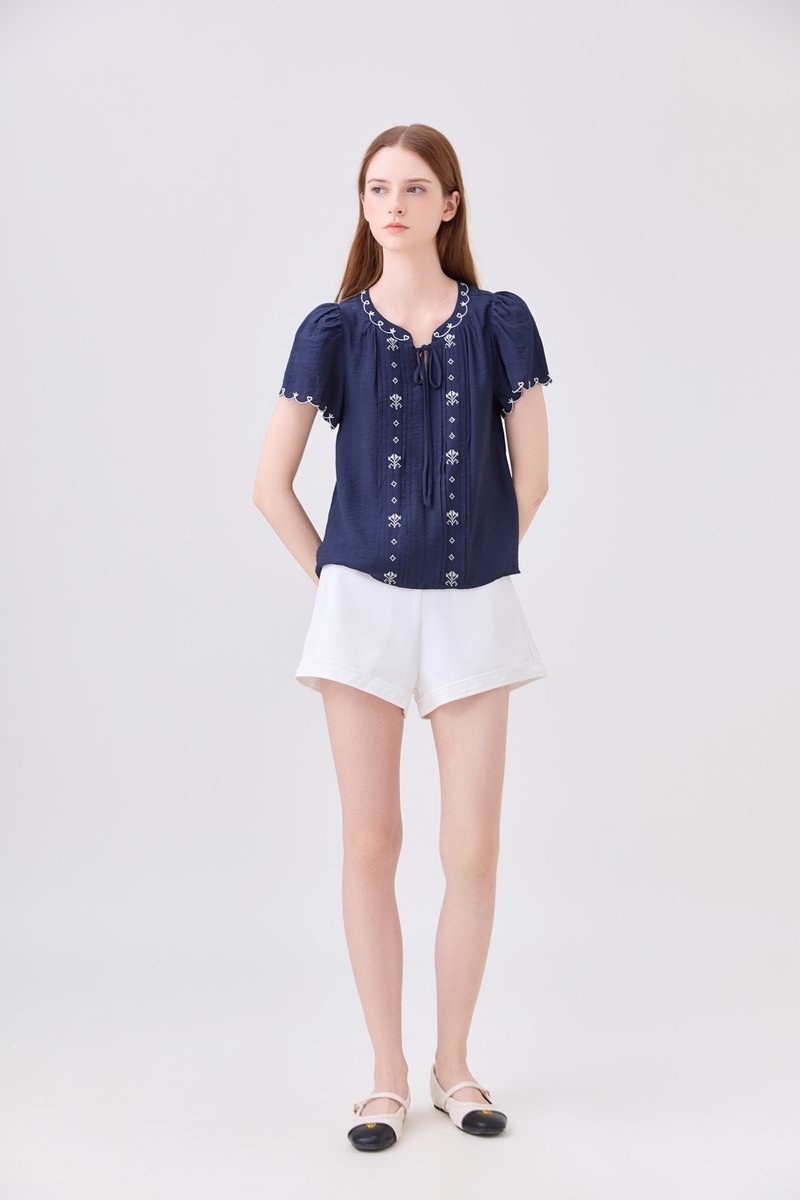 Bailey Embroidered Pintuck Ribbon Top In Navy