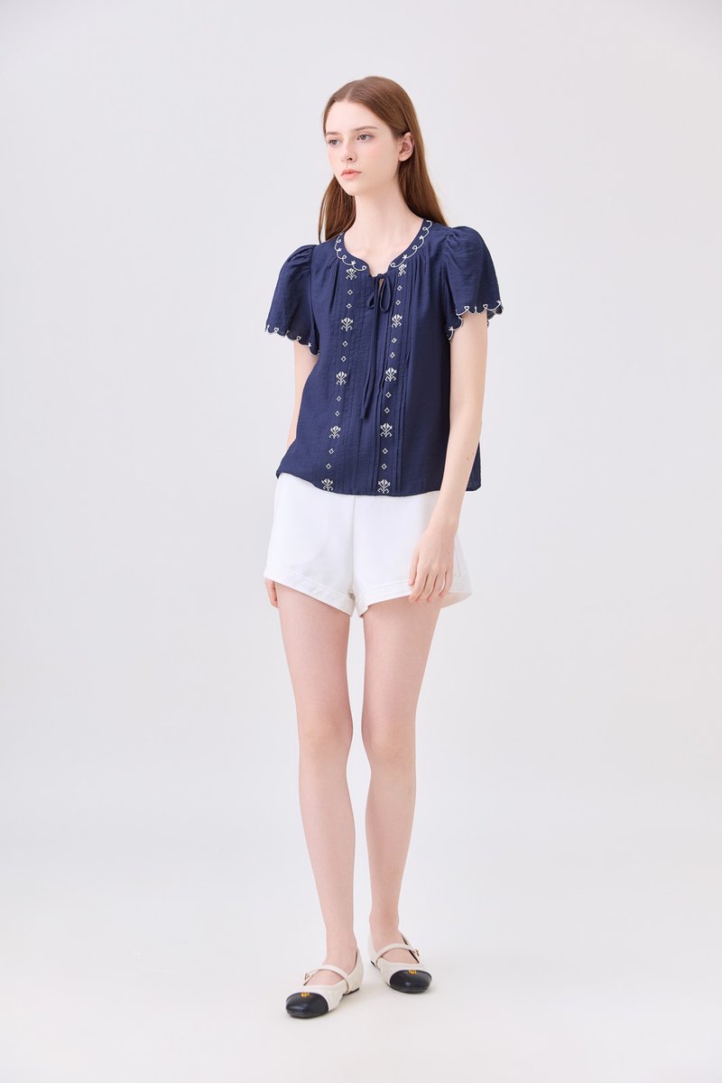 Bailey Embroidered Pintuck Ribbon Top In Navy