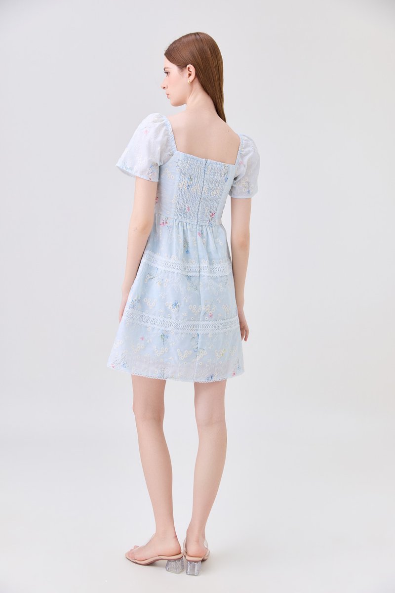 Aaira Embroidery Tiered Dress In Soft Blue