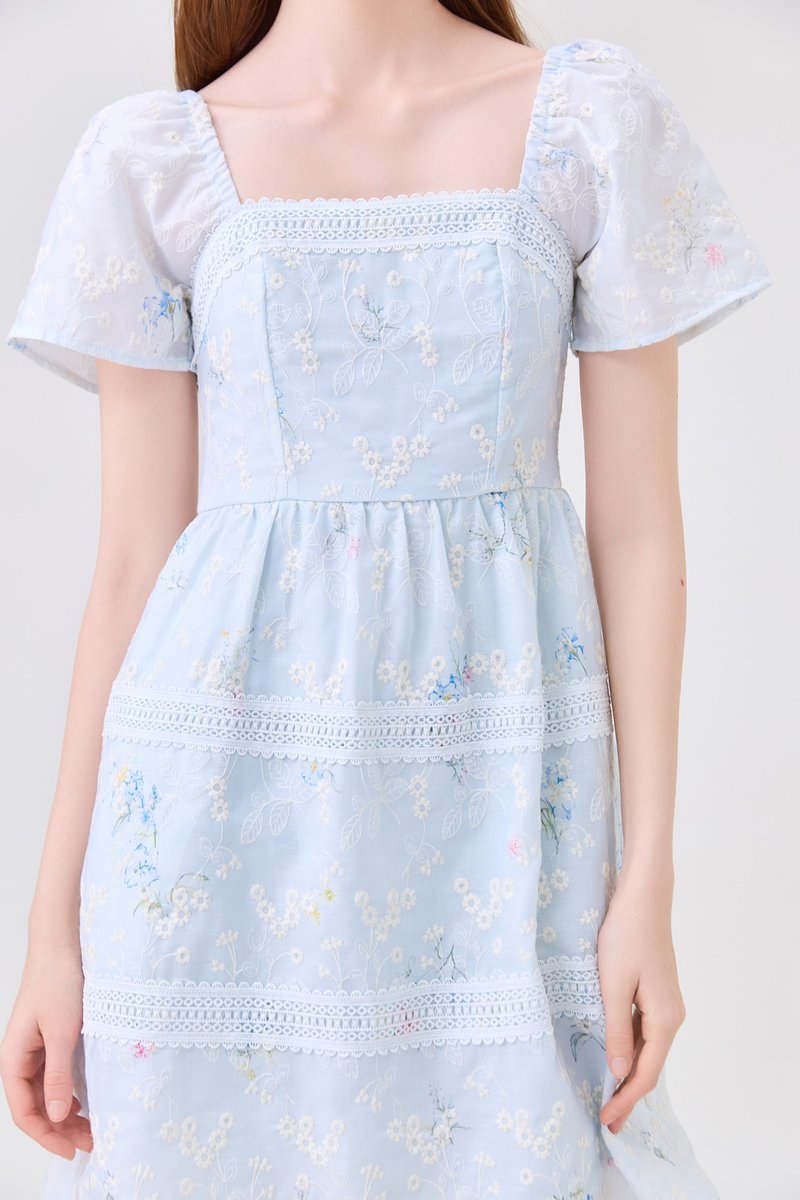 Aaira Embroidery Tiered Dress In Soft Blue