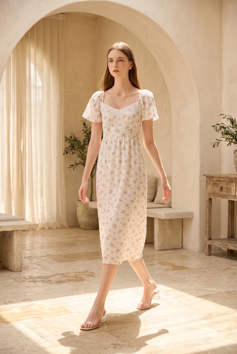 Delphine Floral Midi Dress In Cream