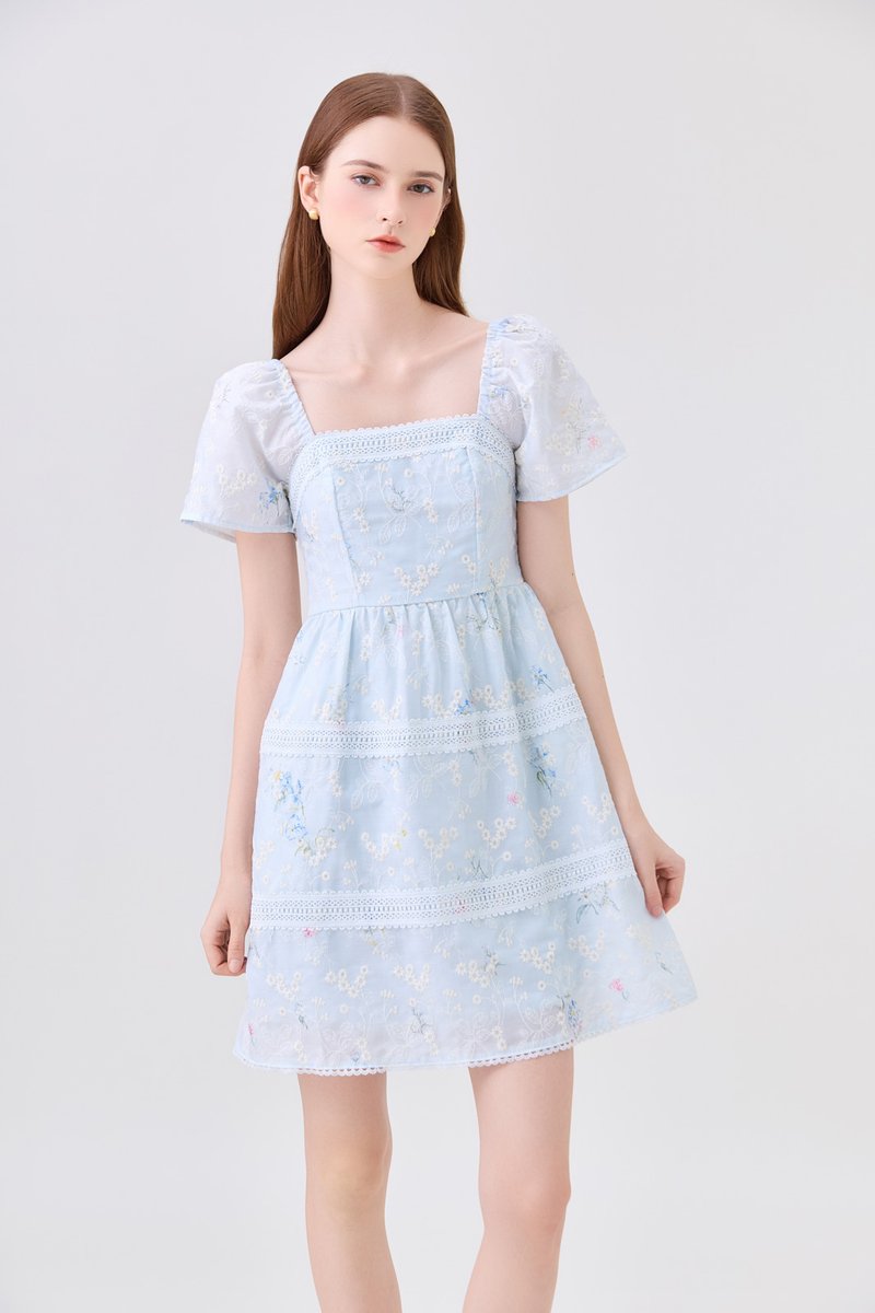Aaira Embroidery Tiered Dress In Soft Blue