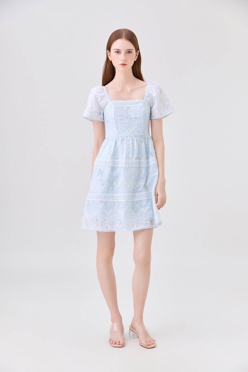 Aaira Embroidery Tiered Dress In Soft Blue