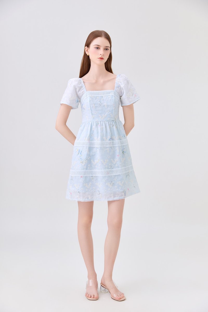 Aaira Embroidery Tiered Dress In Soft Blue