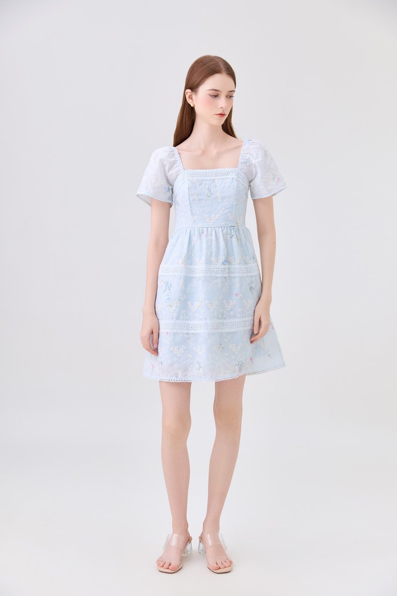 Aaira Embroidery Tiered Dress In Soft Blue