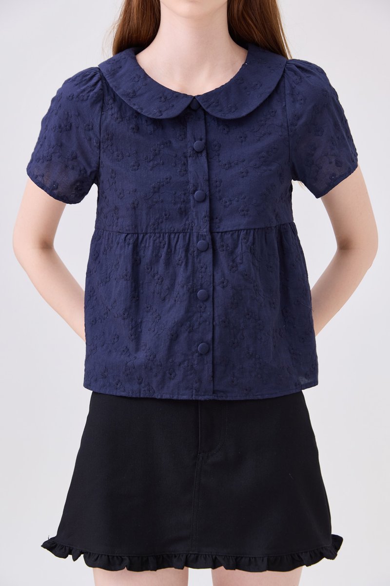 Solene Embroidered Peterpan Collar Top In Navy