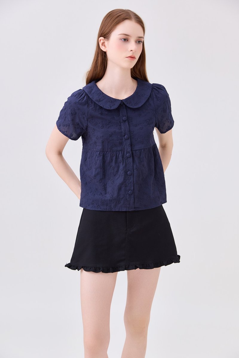 Solene Embroidered Peterpan Collar Top In Navy