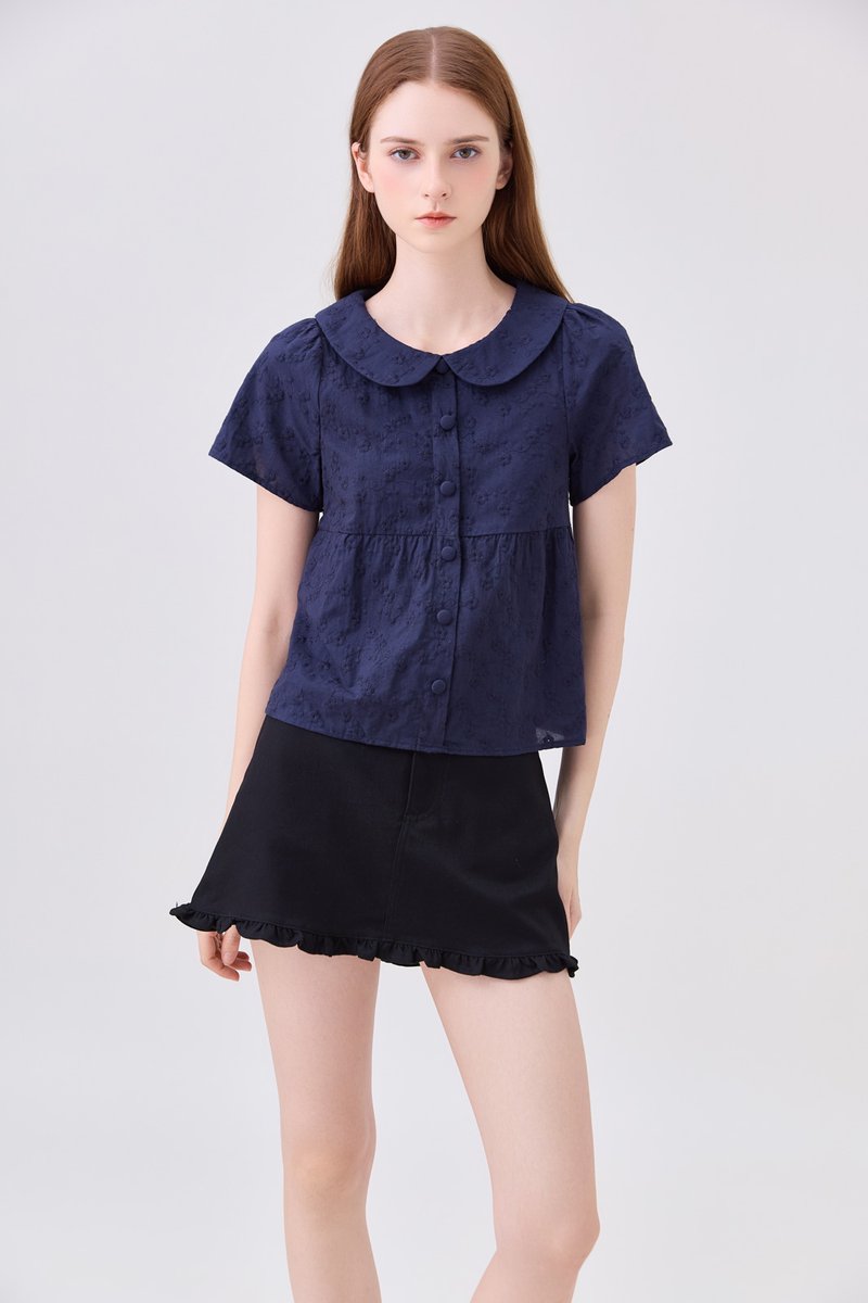 Solene Embroidered Peterpan Collar Top In Navy