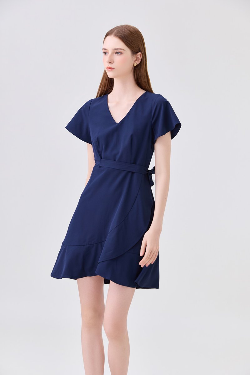 Elaria Ruffle Ribbon Dress In Navy