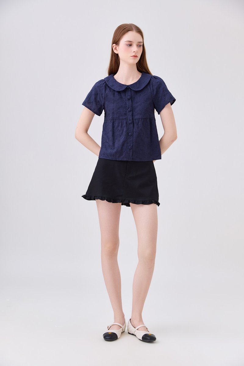 Solene Embroidered Peterpan Collar Top In Navy