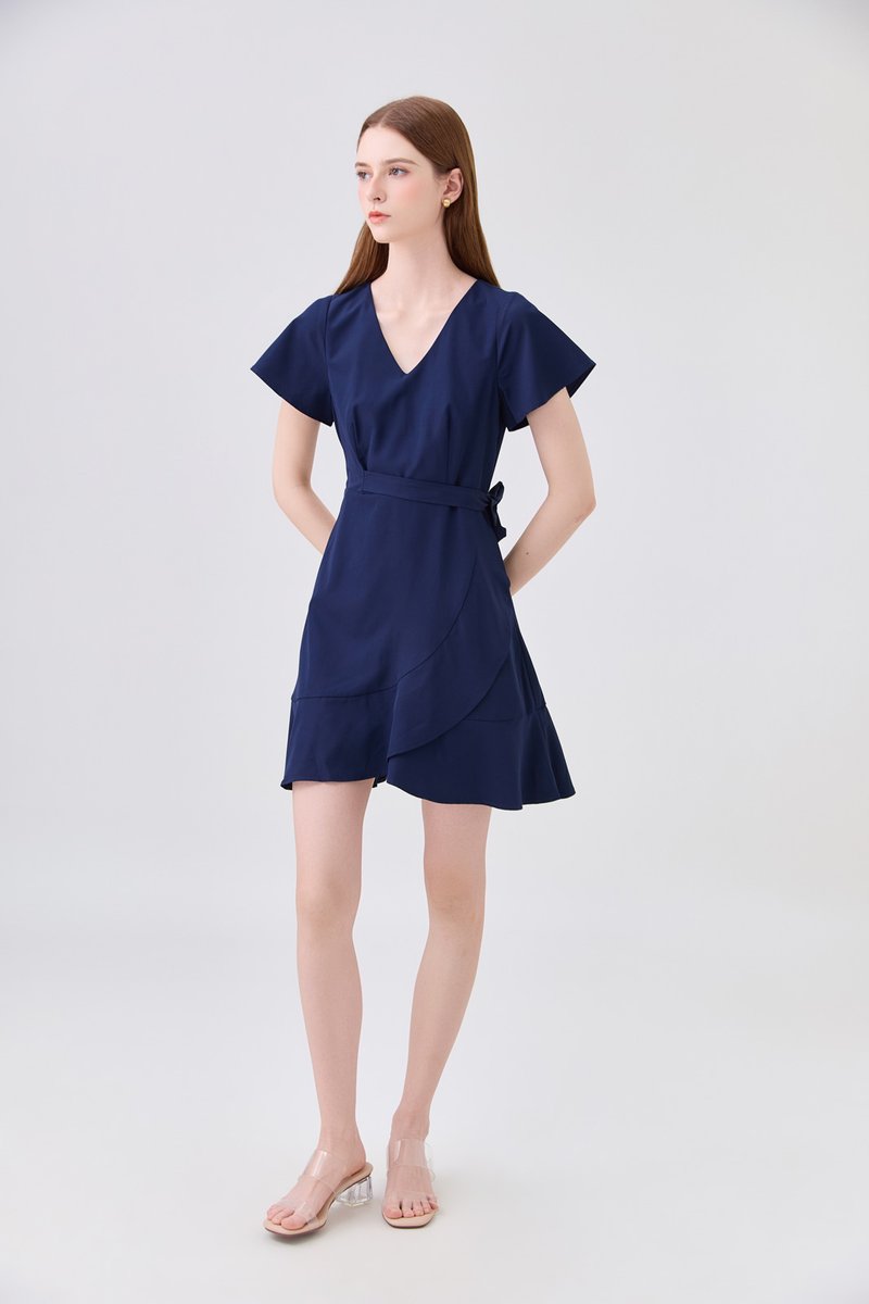 Elaria Ruffle Ribbon Dress In Navy