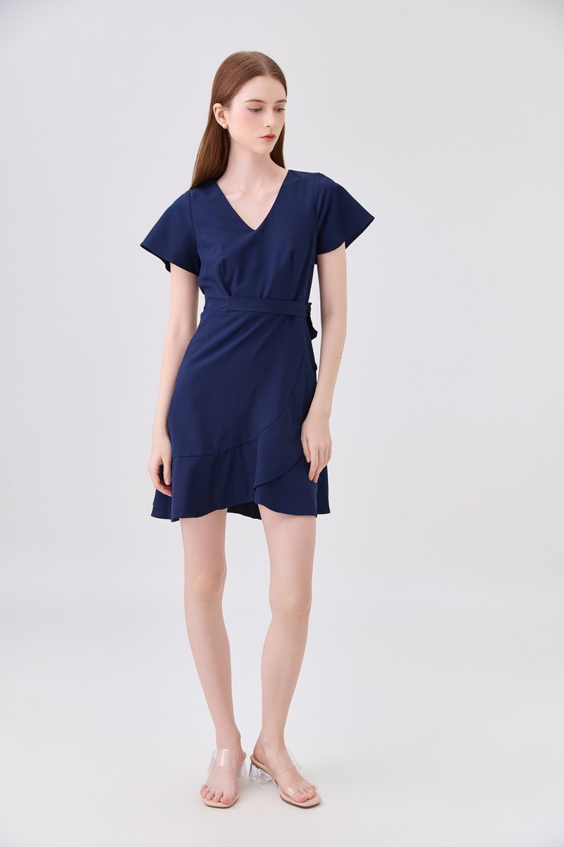 Elaria Ruffle Ribbon Dress In Navy