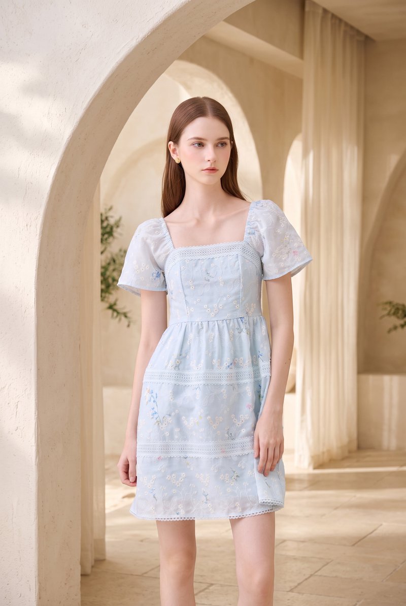 Aaira Embroidery Tiered Dress In Soft Blue