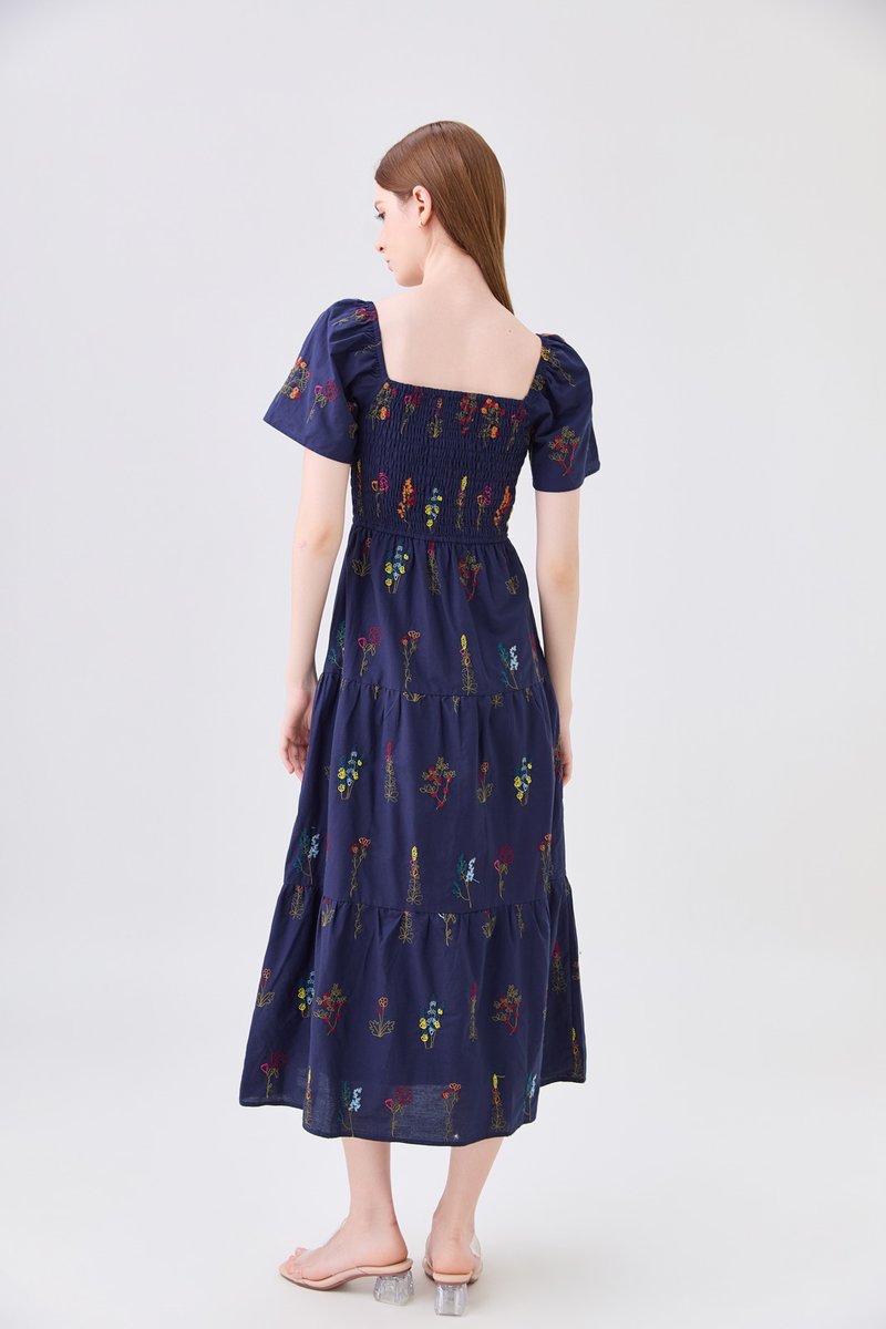 Aven Embroidered Floral Midi Dress In Navy
