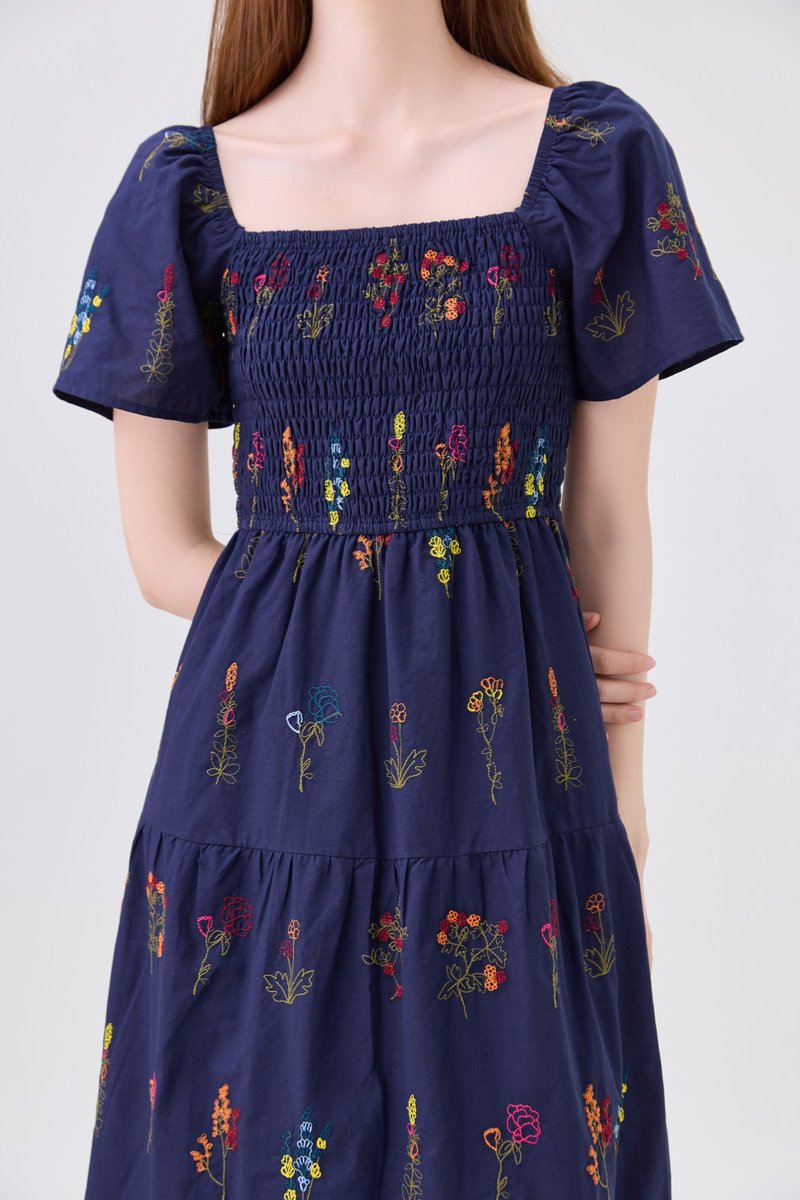 Aven Embroidered Floral Midi Dress In Navy