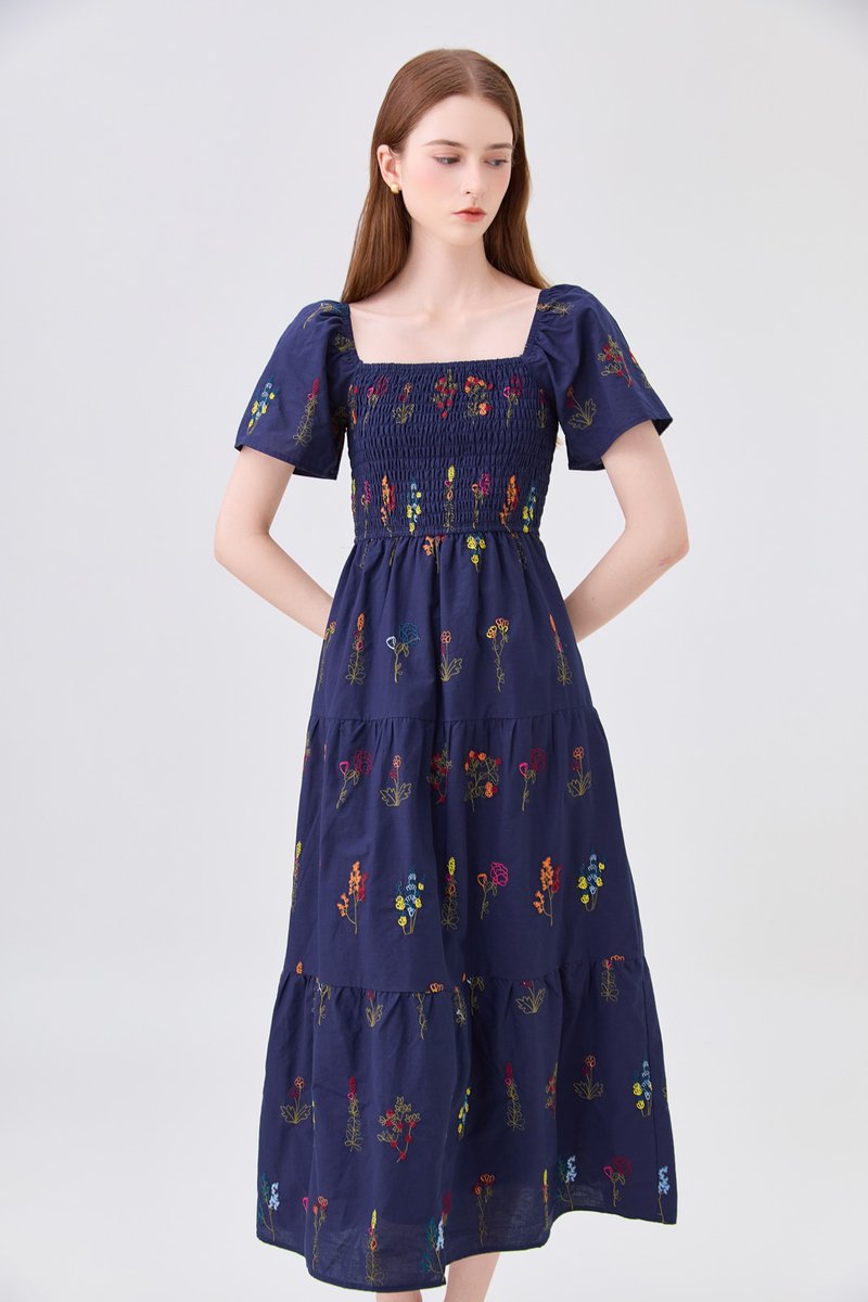 Aven Embroidered Floral Midi Dress In Navy