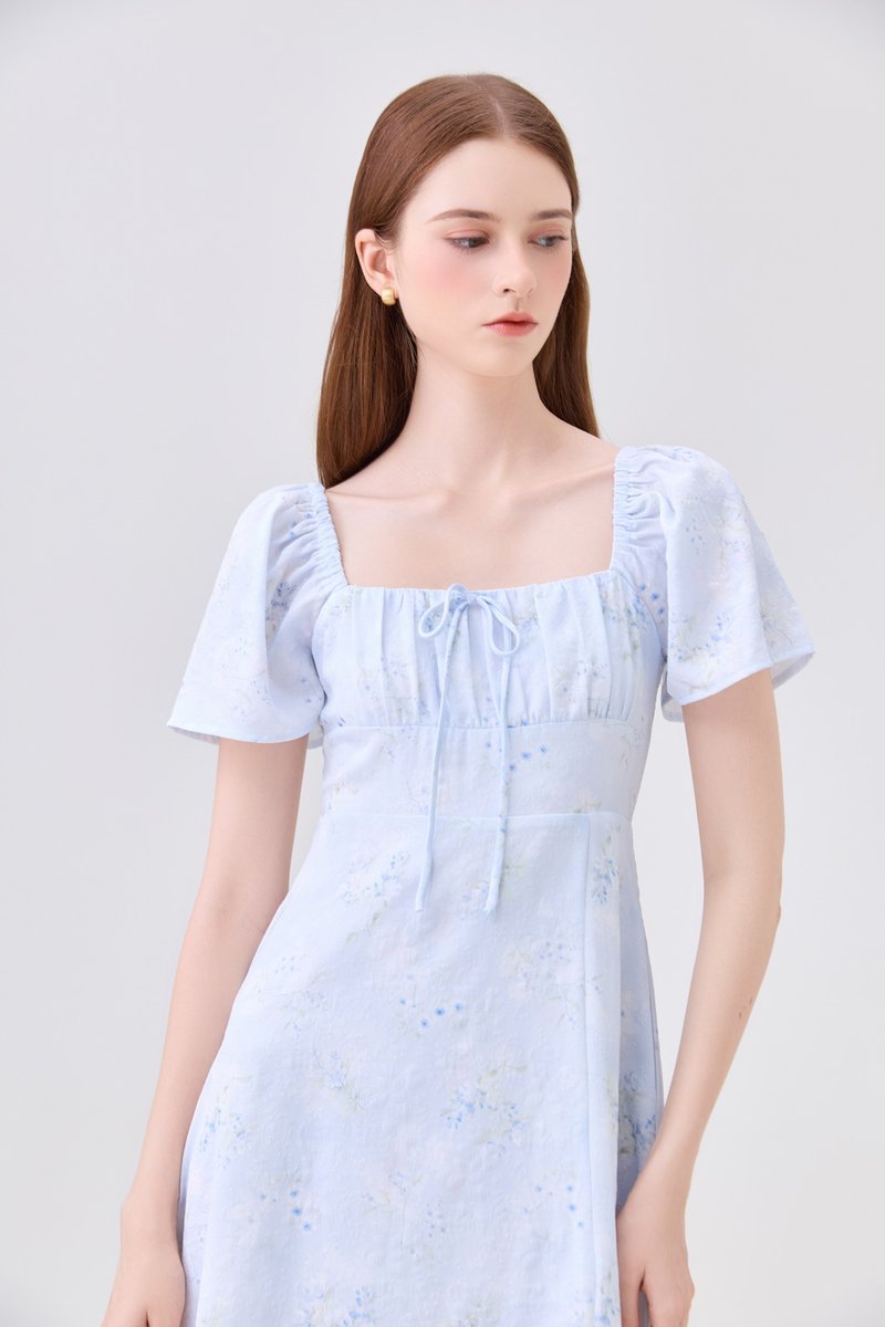 Soraya Ruched Floral Midi Dress In Soft Blue
