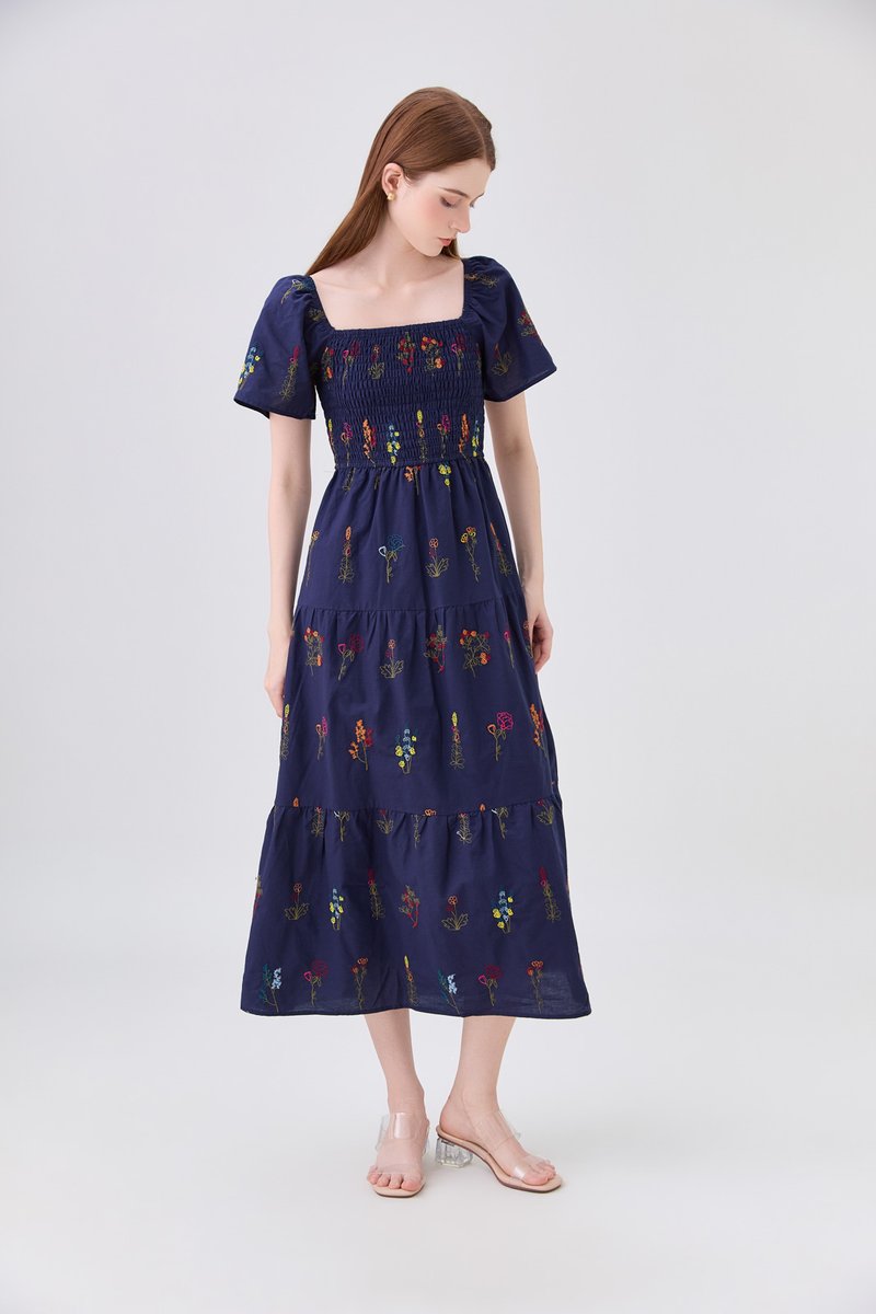 Aven Embroidered Floral Midi Dress In Navy
