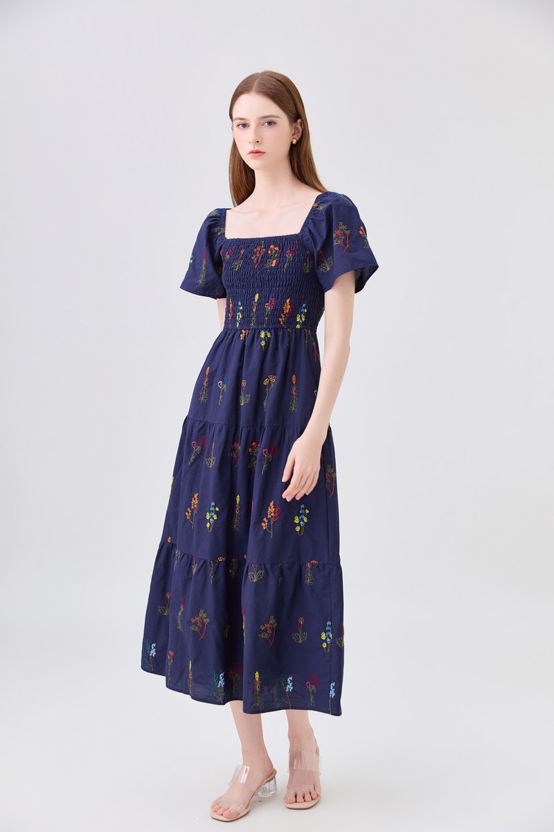 Aven Embroidered Floral Midi Dress In Navy