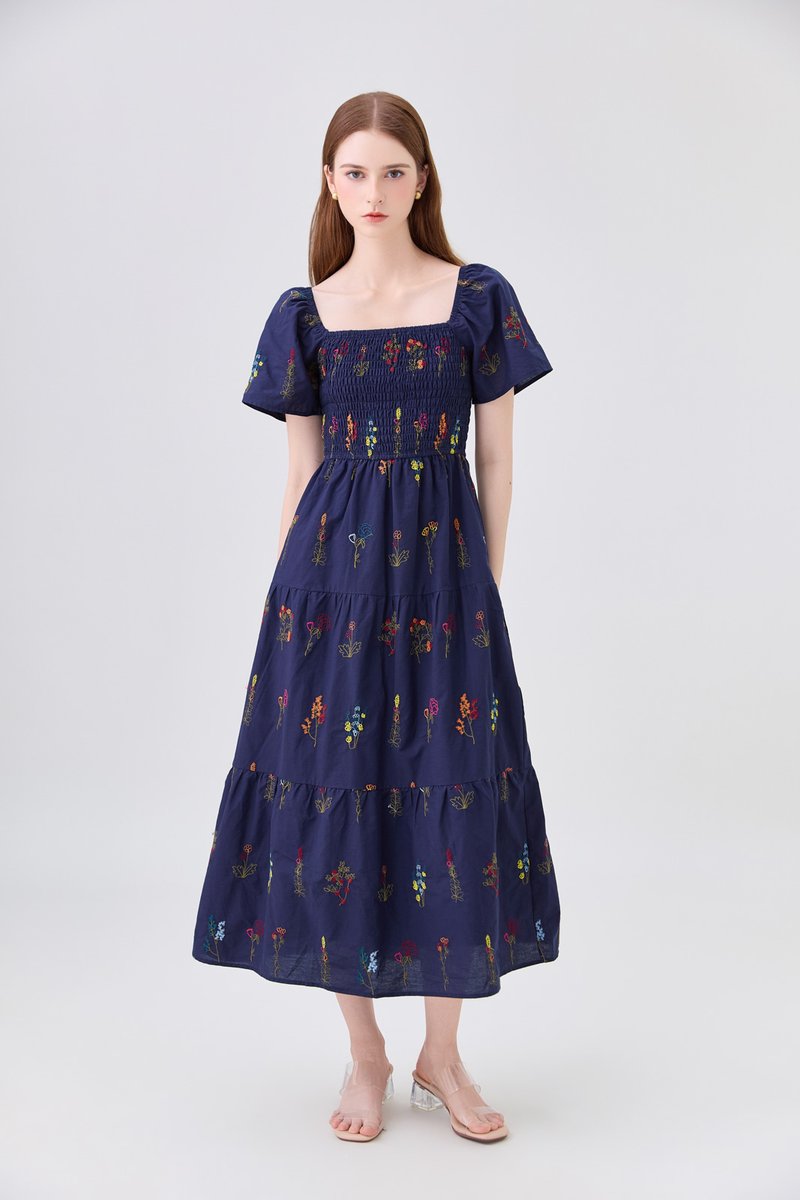 Aven Embroidered Floral Midi Dress In Navy