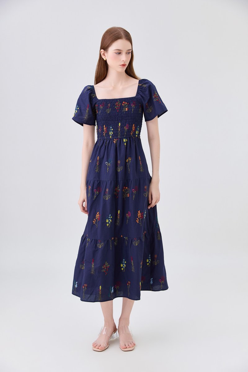 Aven Embroidered Floral Midi Dress In Navy