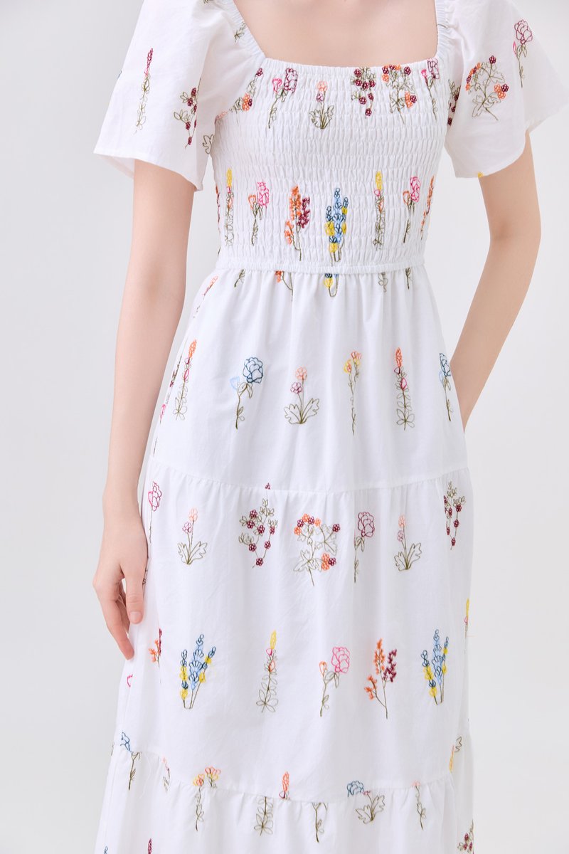 Aven Embroidered Floral Midi Dress In White