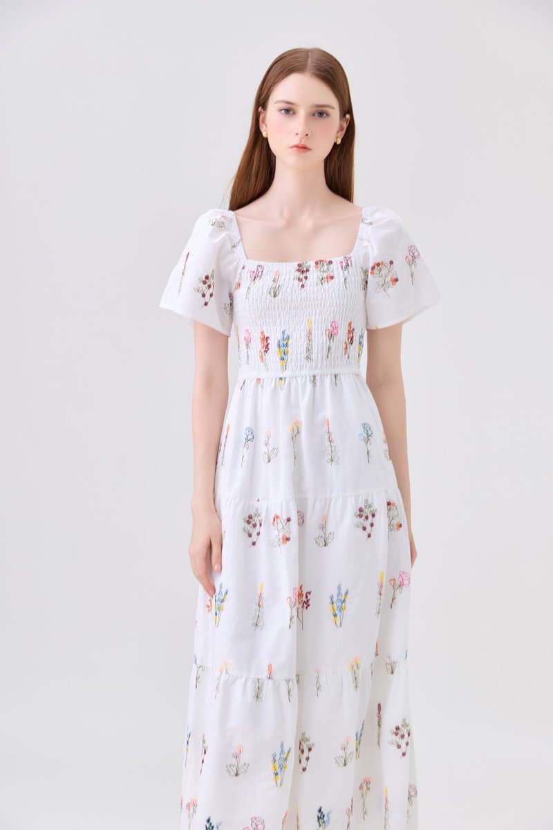 Aven Embroidered Floral Midi Dress In White
