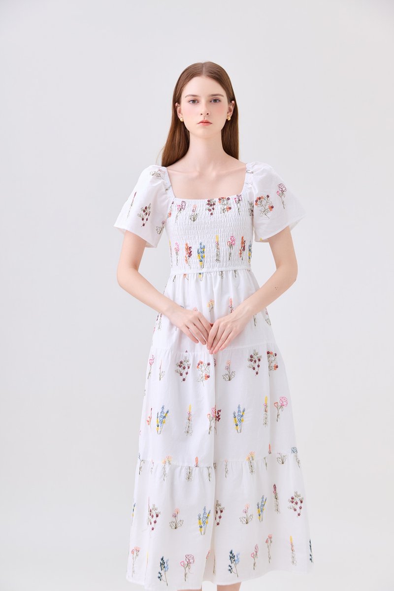 Aven Embroidered Floral Midi Dress In White