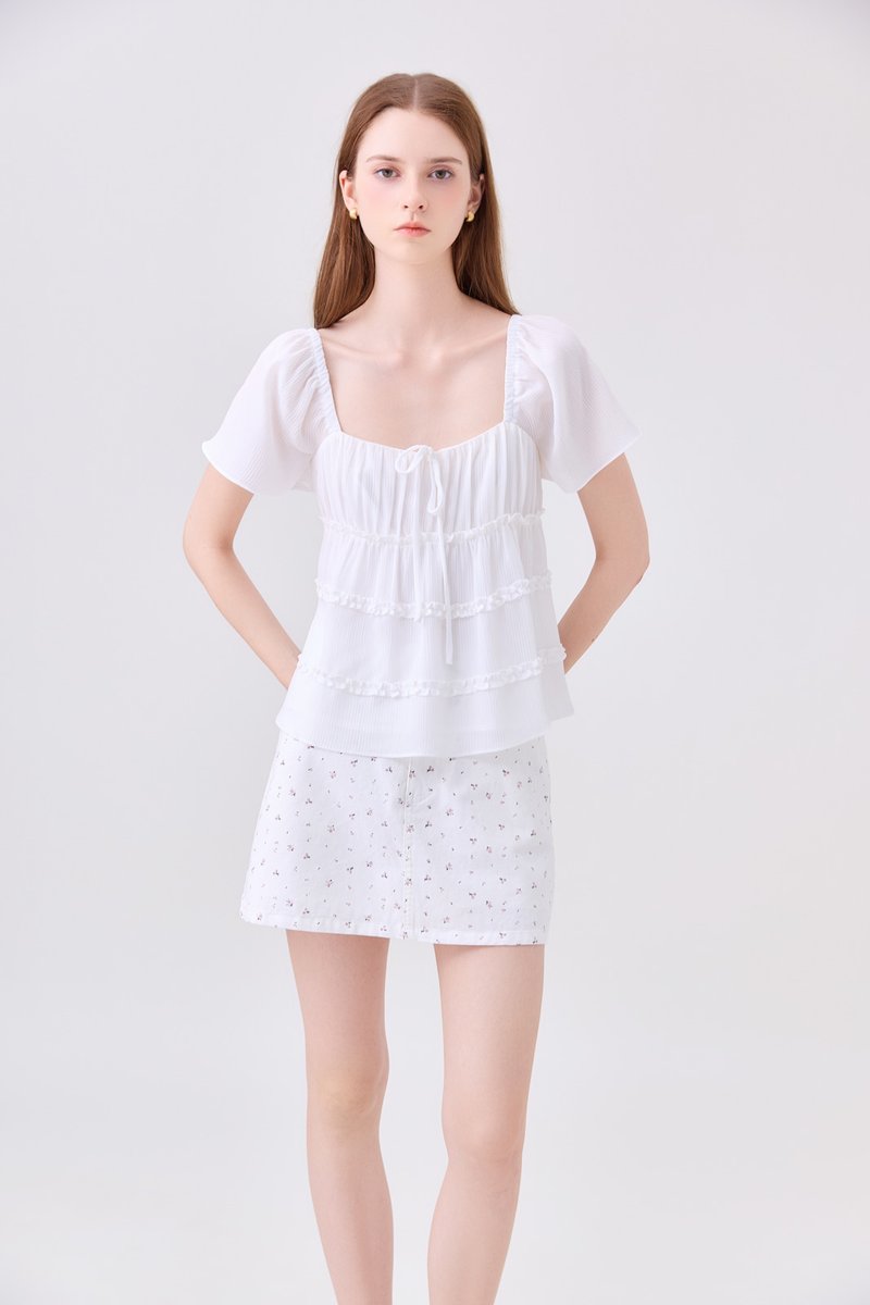 Evelina Textured Ruffles Ribbon Top In White