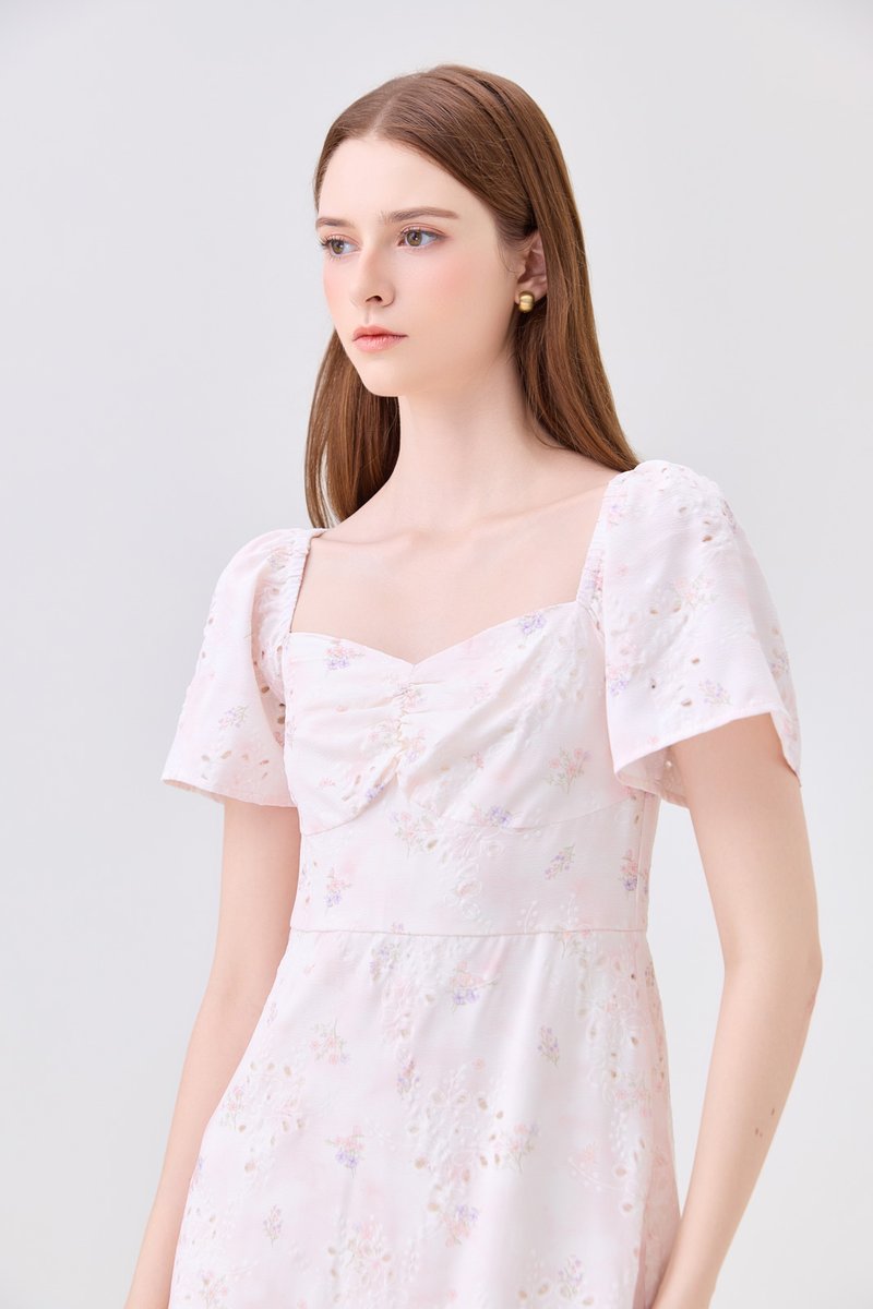 Rayne Eyelet Sweetheart Ruched Dress In Pink