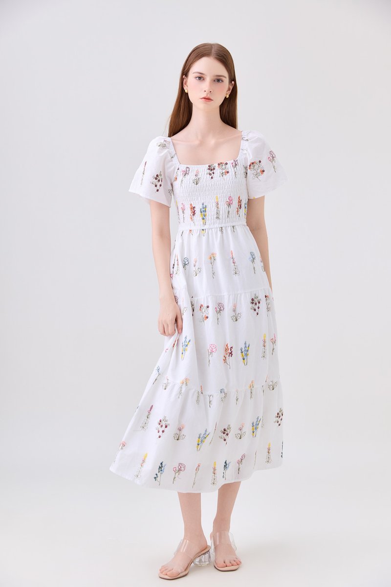 Aven Embroidered Floral Midi Dress In White