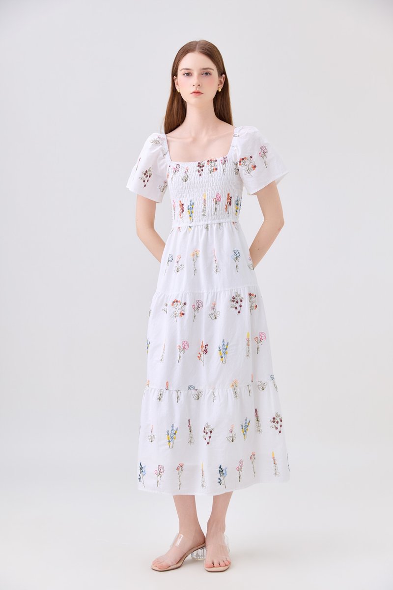 Aven Embroidered Floral Midi Dress In White