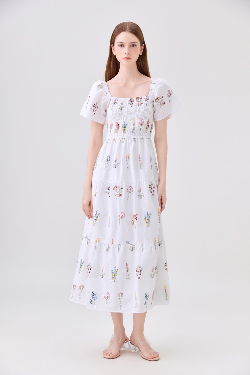 Aven Embroidered Floral Midi Dress In White