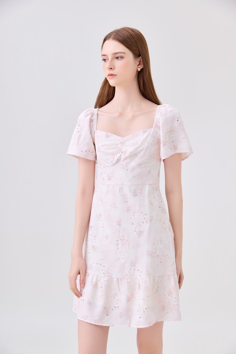 Rayne Eyelet Sweetheart Ruched Dress In Pink