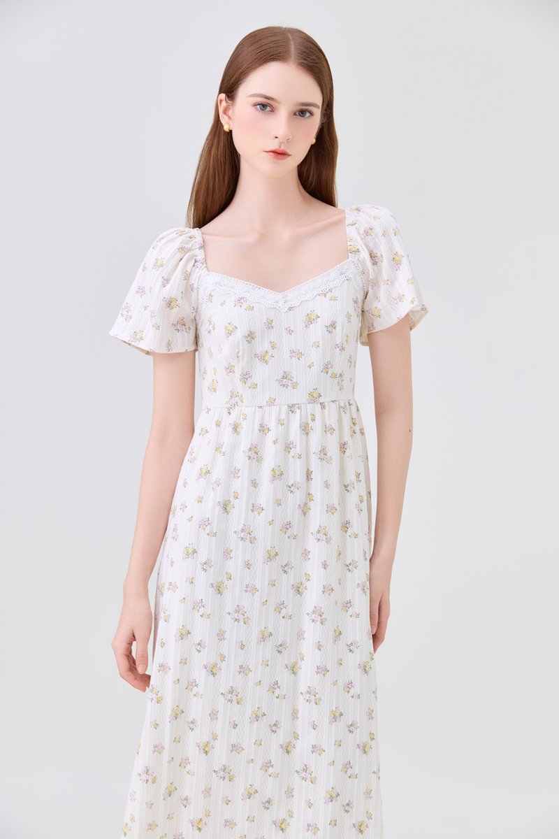 Delphine Floral Midi Dress In Cream