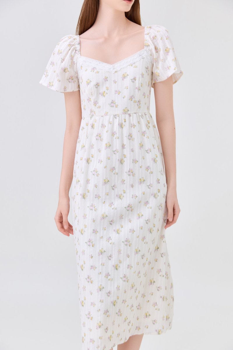 Delphine Floral Midi Dress In Cream