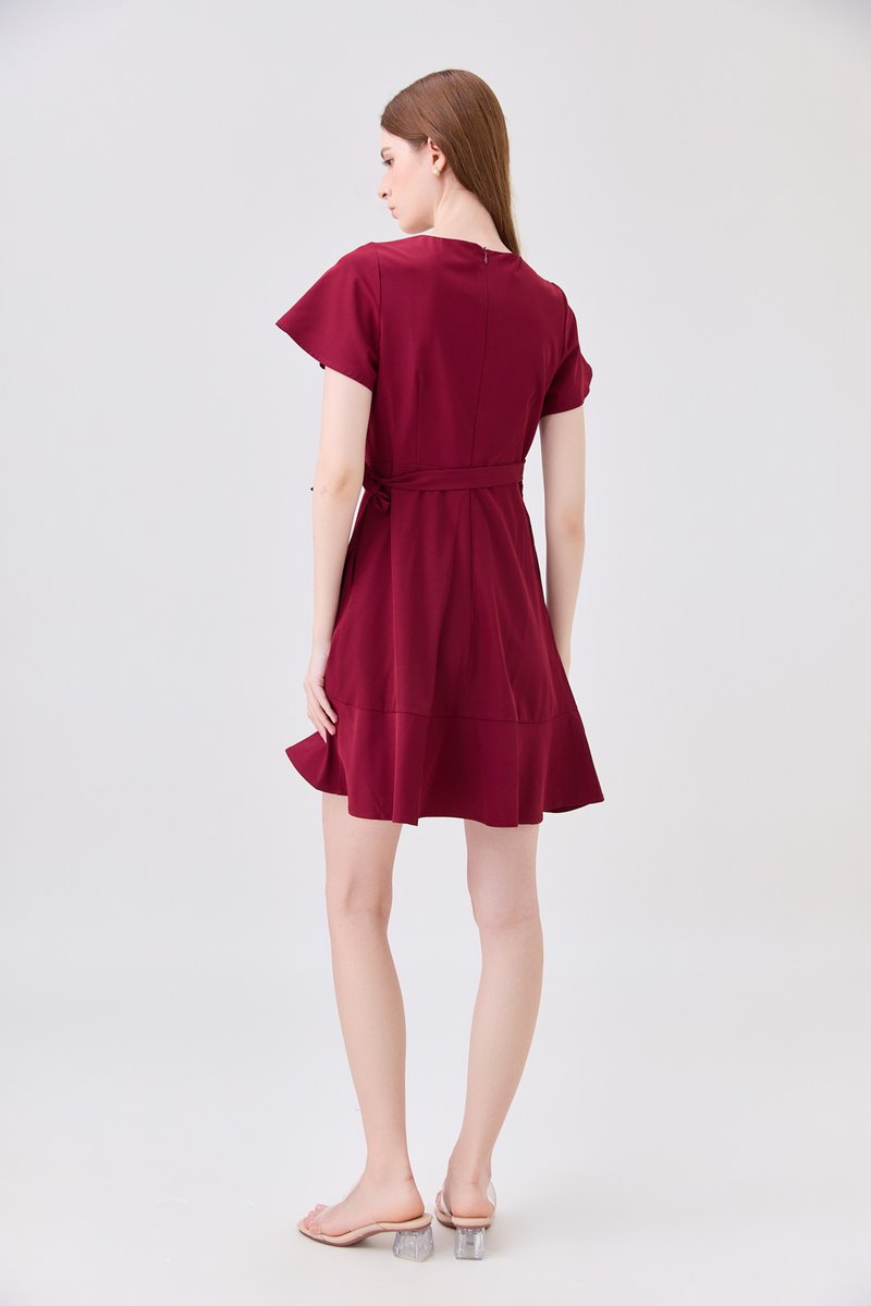 Elaria Ruffle Ribbon Dress In Red
