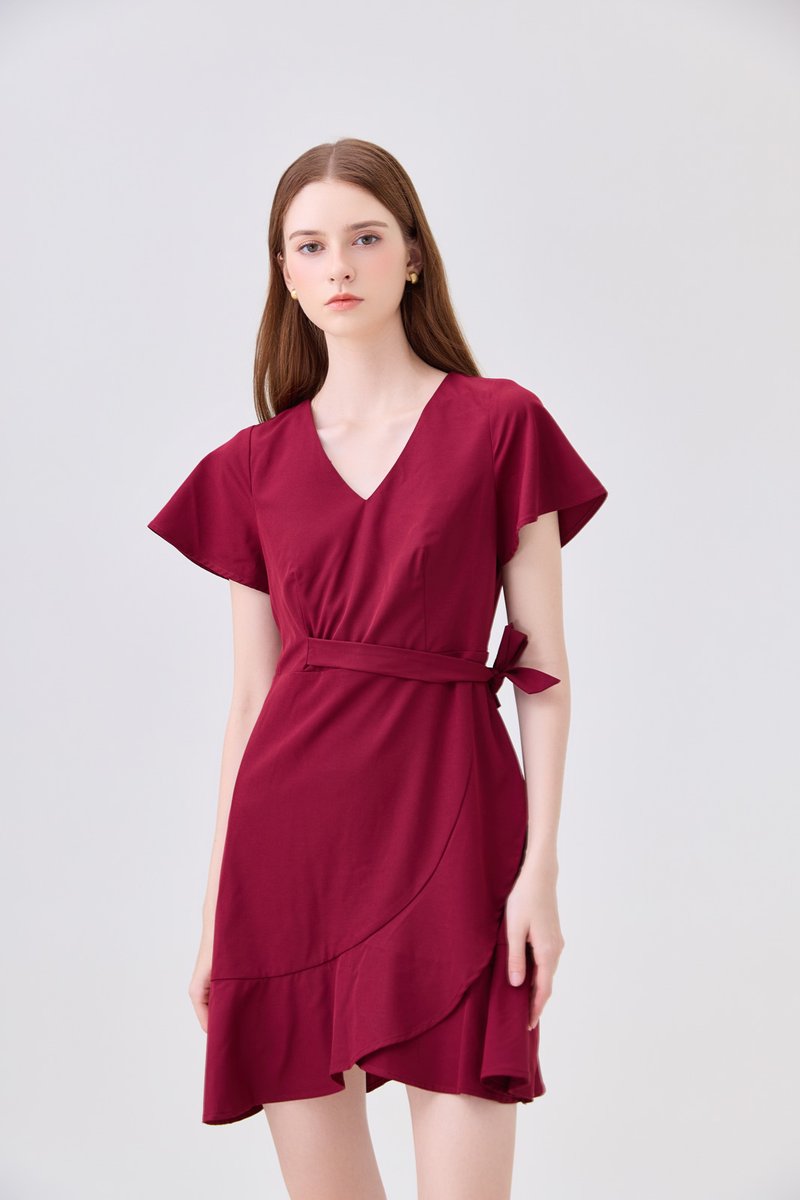 Elaria Ruffle Ribbon Dress In Red
