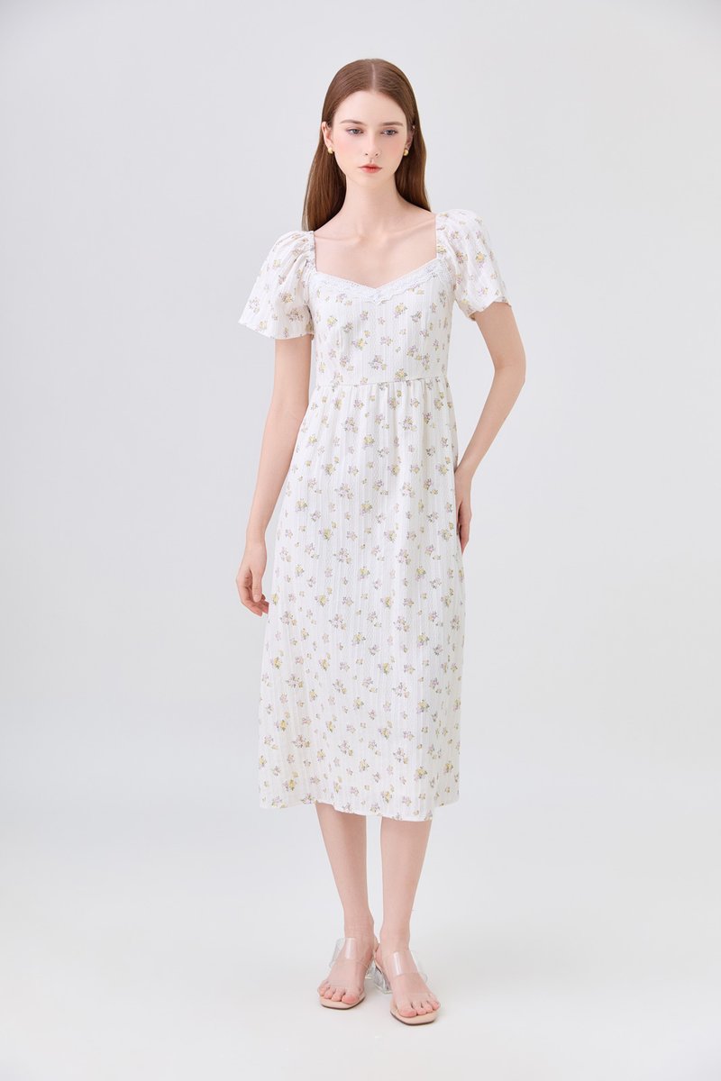 Delphine Floral Midi Dress In Cream