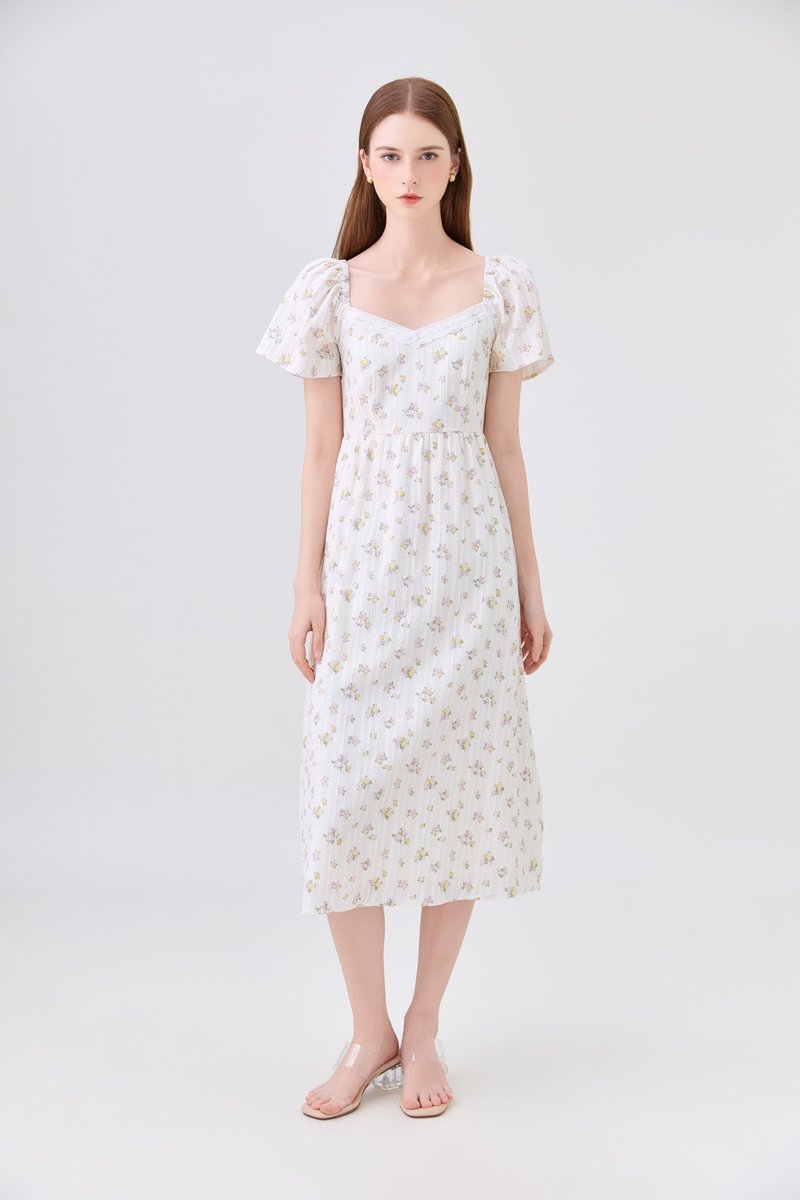 Delphine Floral Midi Dress In Cream