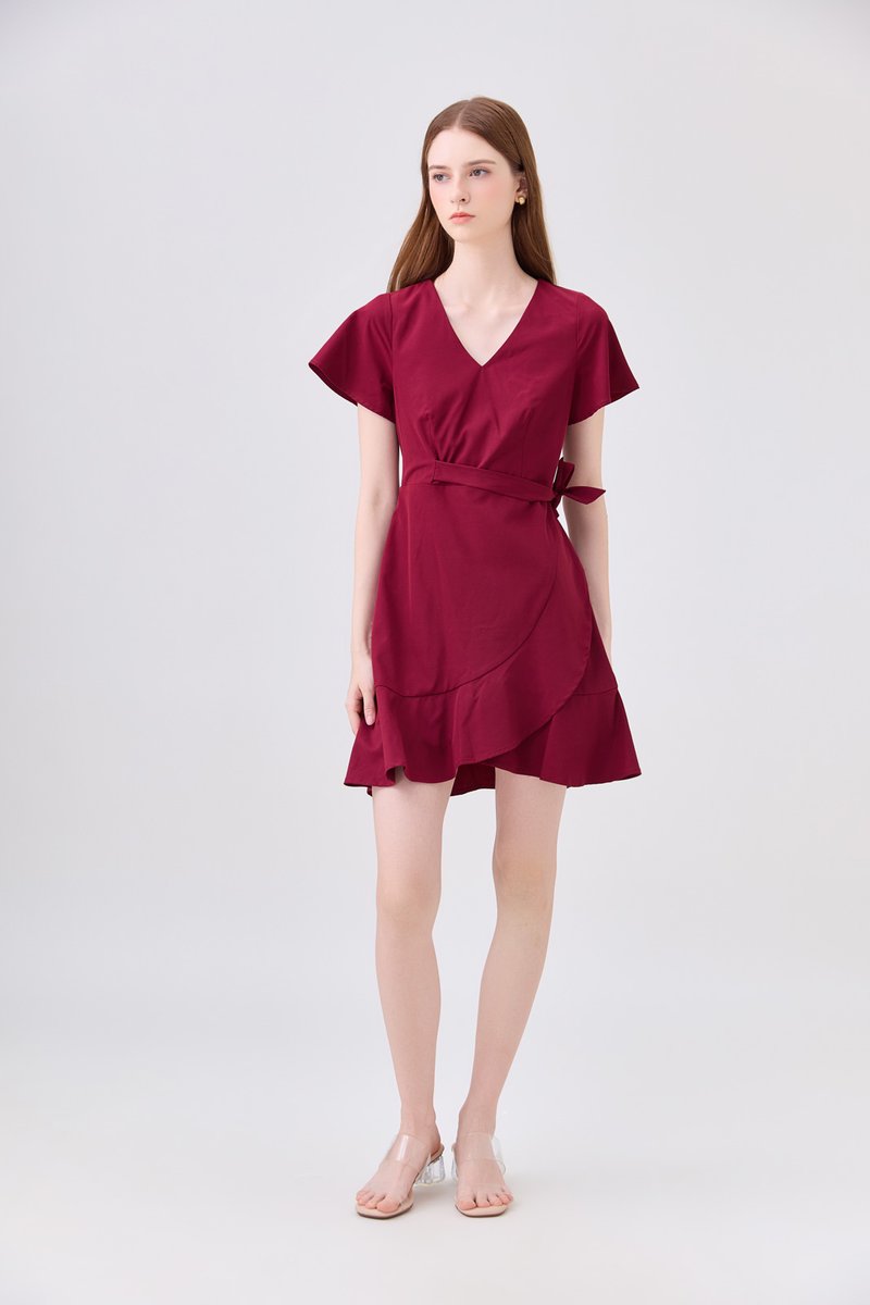 Elaria Ruffle Ribbon Dress In Red