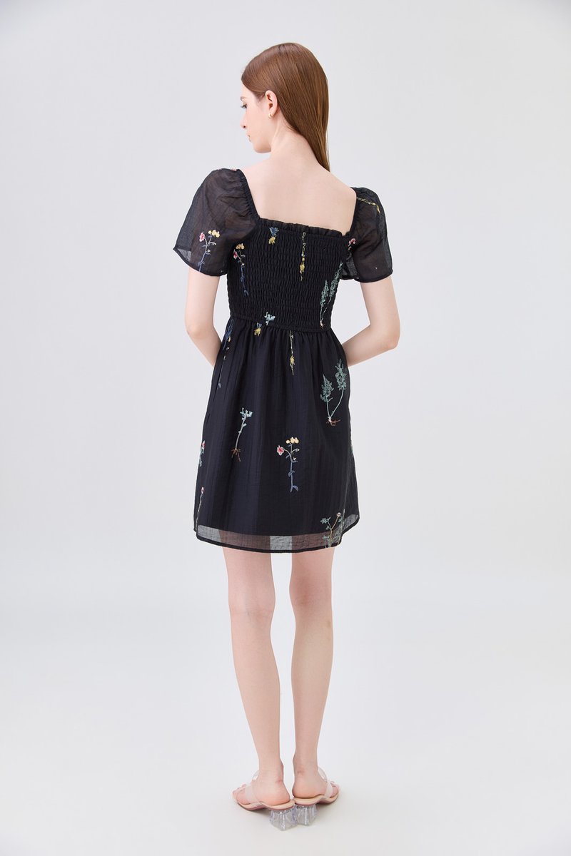 Fiora Embroidered Smocked Dress In Black