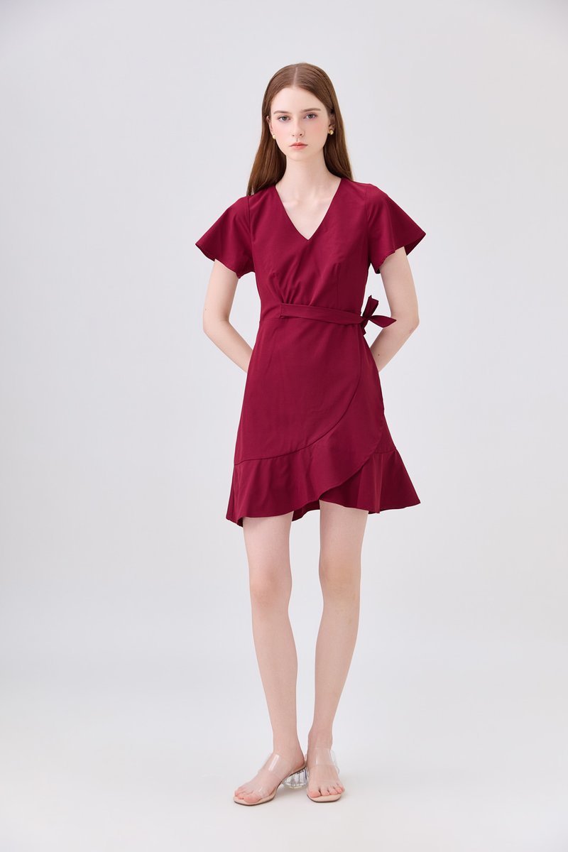 Elaria Ruffle Ribbon Dress In Red