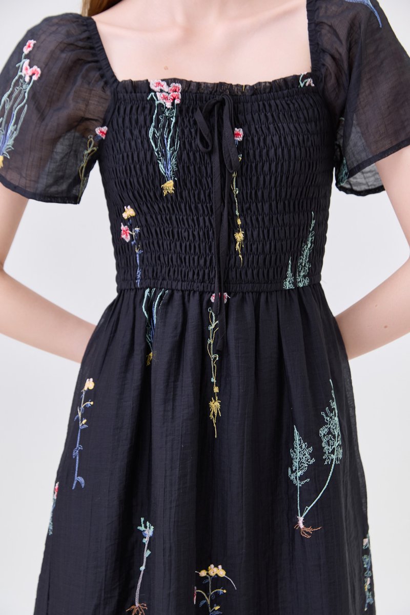 Fiora Embroidered Smocked Dress In Black