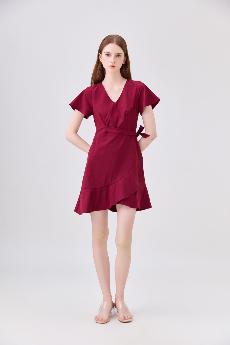 Elaria Ruffle Ribbon Dress In Red