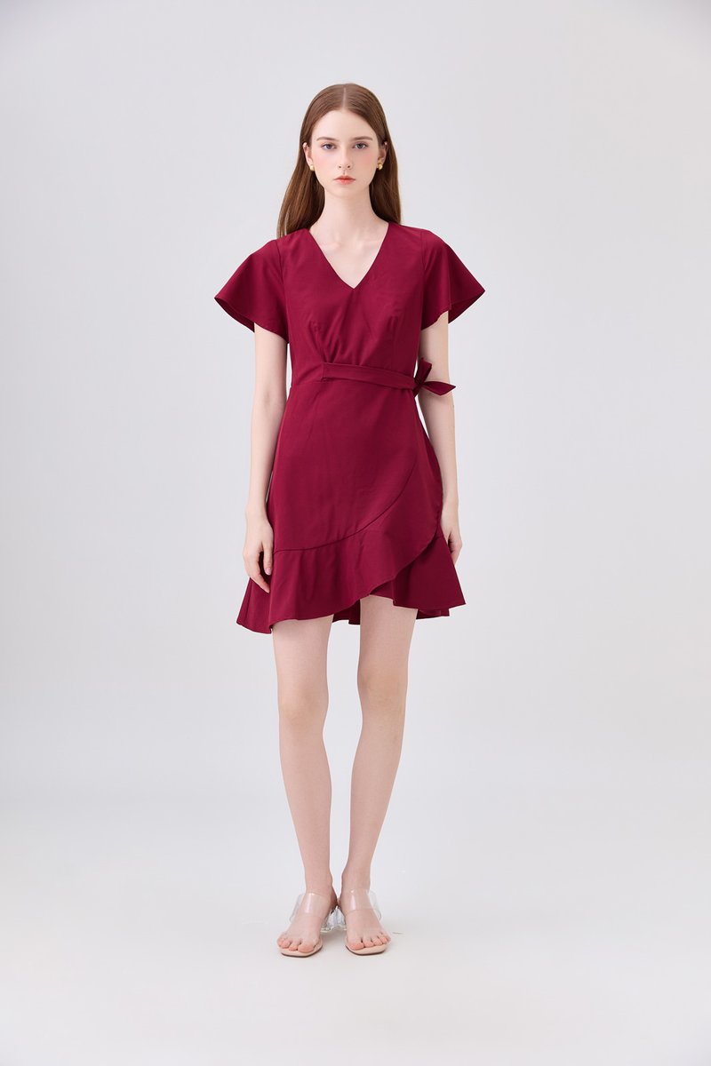 Elaria Ruffle Ribbon Dress In Red