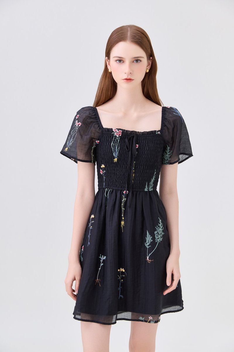 Fiora Embroidered Smocked Dress In Black