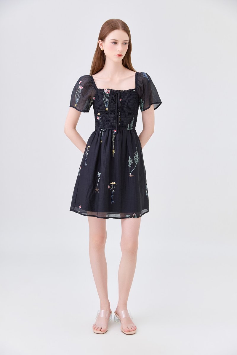 Fiora Embroidered Smocked Dress In Black
