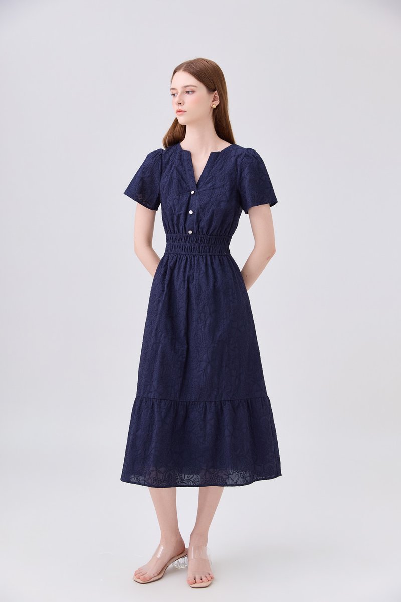 Violetta Embroidered Midi Dress In Navy