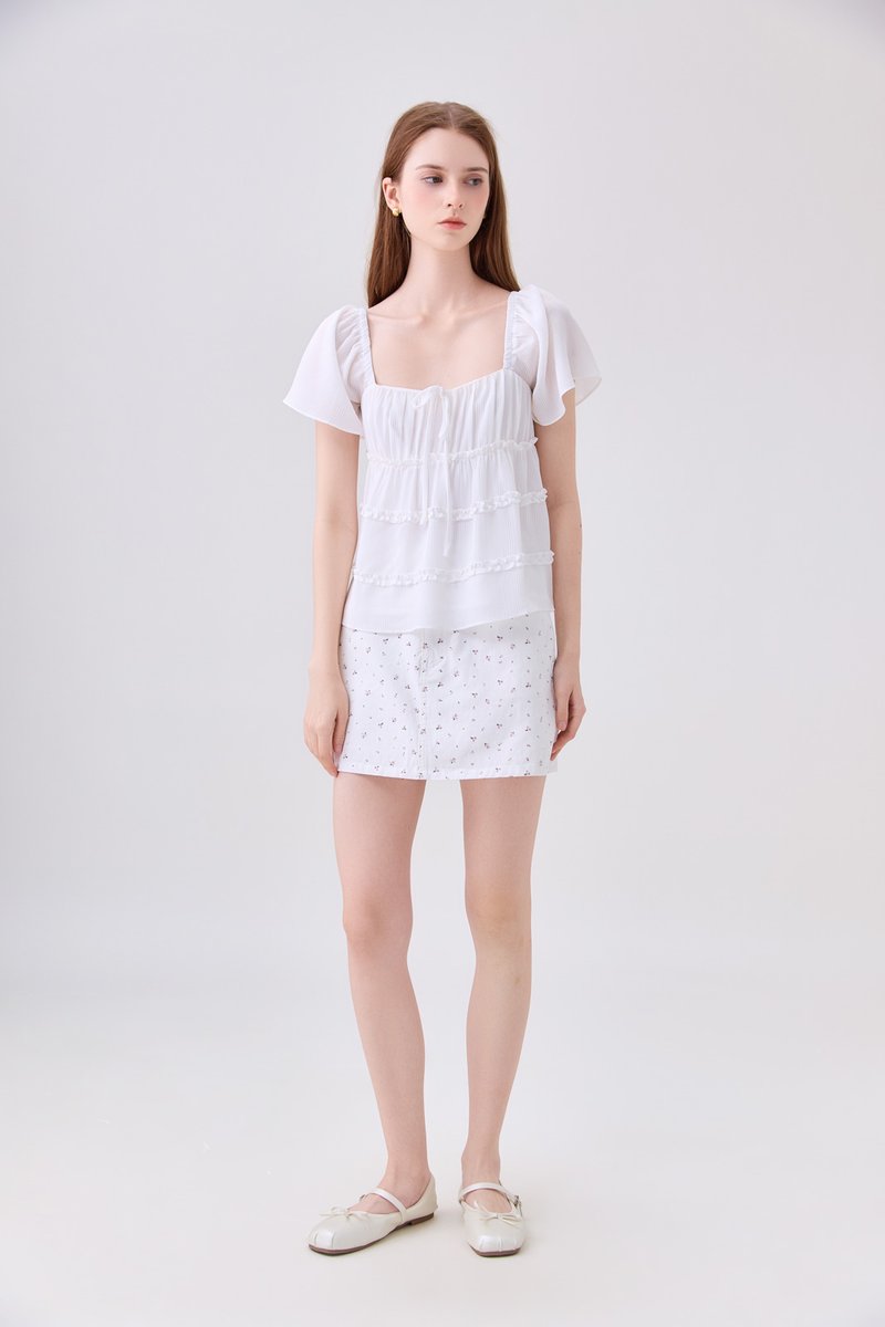 Evelina Textured Ruffles Ribbon Top In White